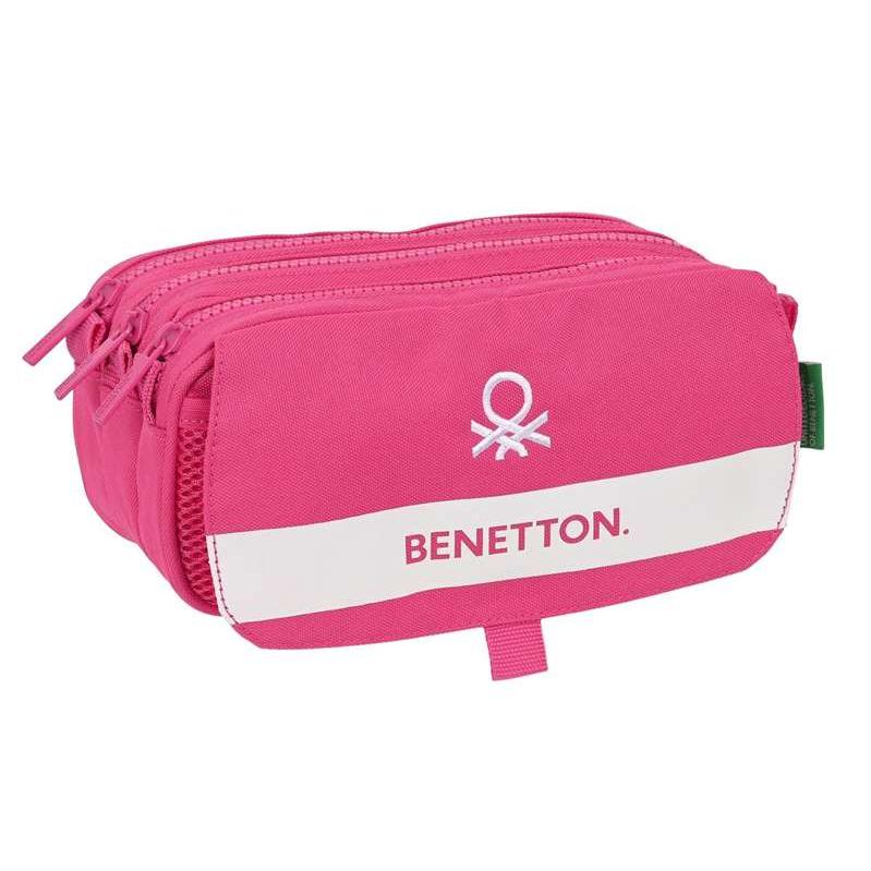 SAFTA | Portatodo Triple Big Benetton Raspberry, Portatodo Escolar con 3 Compartimentos y Cremalleras, Bolsillo Frontal, Asa Lateral, Cinta Trasera Adaptable a Carro Portamochilas