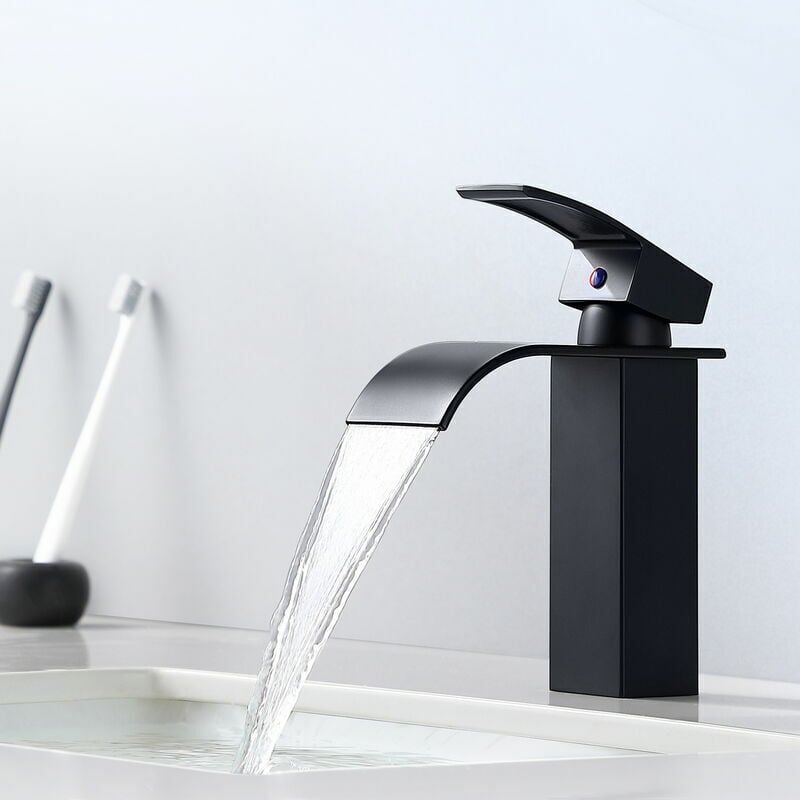 CA Grifo mezclador de lavabo moderno tipo cascada negro Grifo de baño - Apto para lavabos bajo encimera - DPZO