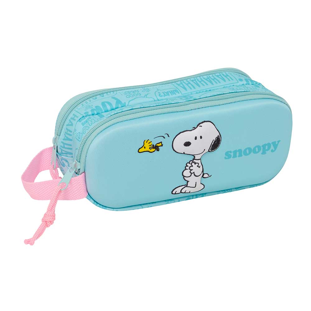 SAFTA | Portatodo Doble Snoopy Organizador Escolar Infantil con Dos Compartimentos Separados y Cremalleras, Goma Elástica Trasera para Acoplar a Cuaderno o Carpeta, Bolsillo Interior Central