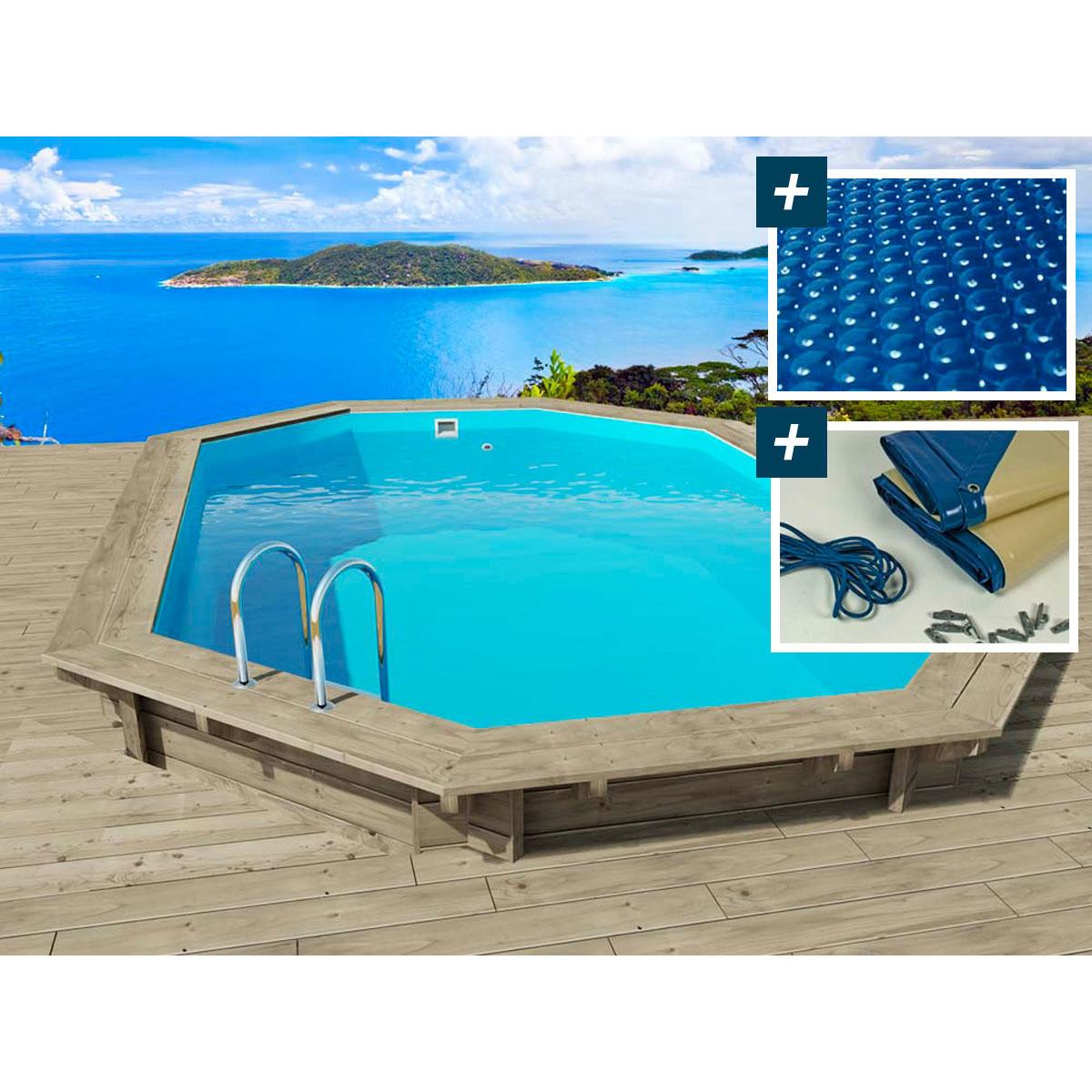 Habitat y Jardin - Piscina de madera " Florida " - 6,57 x 4,57 x 1,31 m + cubierta de burbujas 180 µ + cubierta de invierno 280 gr/m².