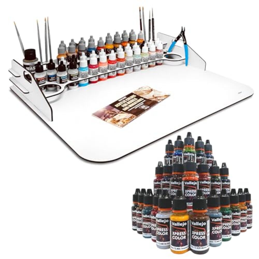 Pintura Acrilica Vallejo Xpress Color CON Paint Station Grande Silu - Pack Completo 24 Pinturas - Nueva Gama Reformulada - Organizador Vallejo - Pintar Warhammer 40k - Miniaturas - Fácil y Rápido de Usar