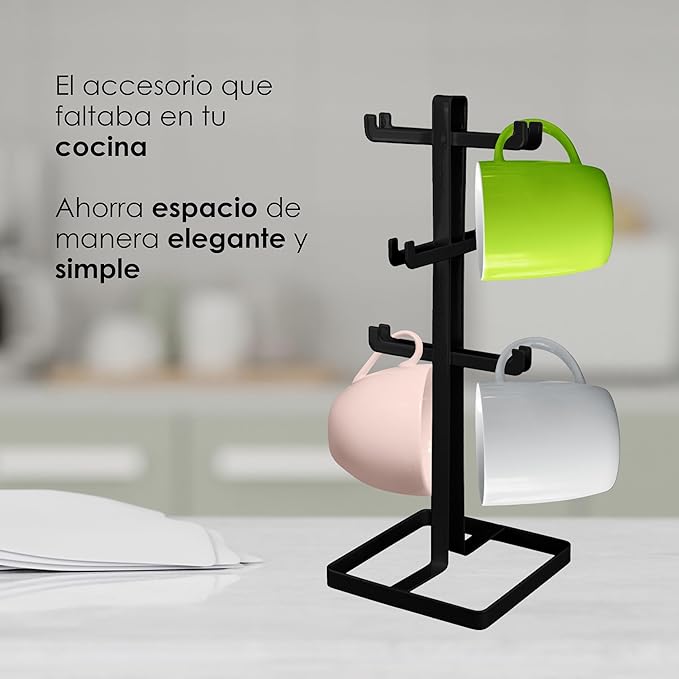 LIN HOME XZ-23182 Soporte para Tazas de Metal, 6 Ganchos, 38,5 cm de Alto, Organizador de Cocina, Blanco