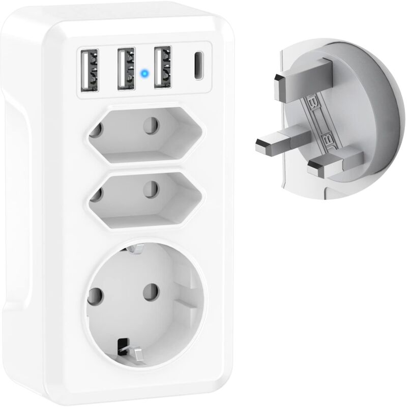 OmHO Adaptador de viaje 7 en 1 con 3 puertos USB y USB-C. Adaptador de Francia a Reino Unido. Enchufe británico. Adaptador tipo G para Irlanda, Malasia, Inglaterra, Reino Unido, Dubái.