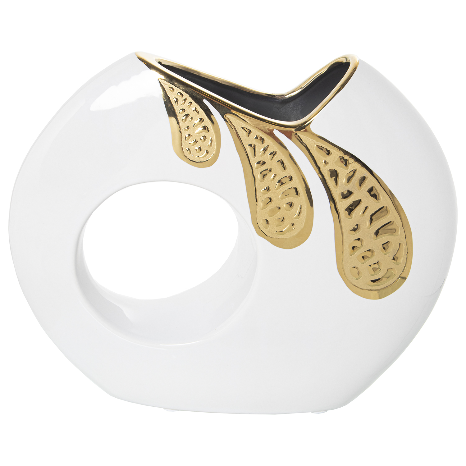 Jarron ceramica blanca, dorada 29x8x24cm