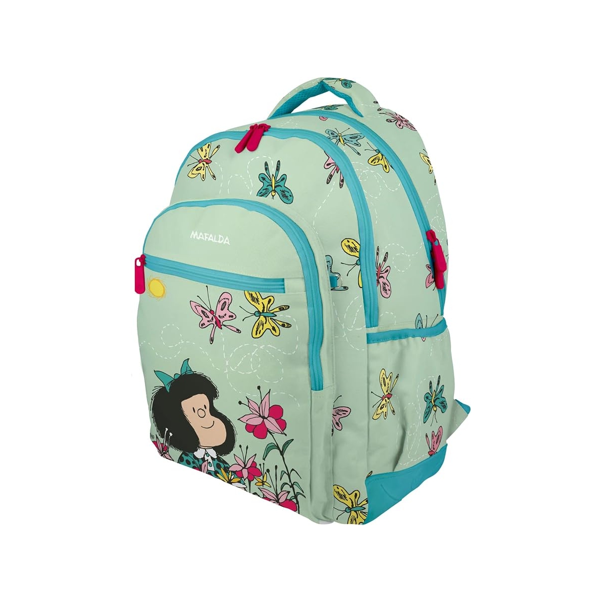 Mochila escolar grande Mafalda Primavera | GRAFOPLÁS - Mochila gran capacidad, 46cm, color verde con estampados