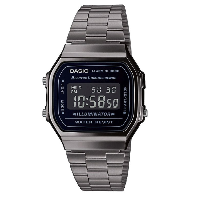 Casio - Reloj Digital A168WEGG-1BEF Vintage Iconic para hombre, resistente al agua, con cronómetro de 1/100 segundos y retroiluminación electroluminiscente azul, correa de acero inoxidable