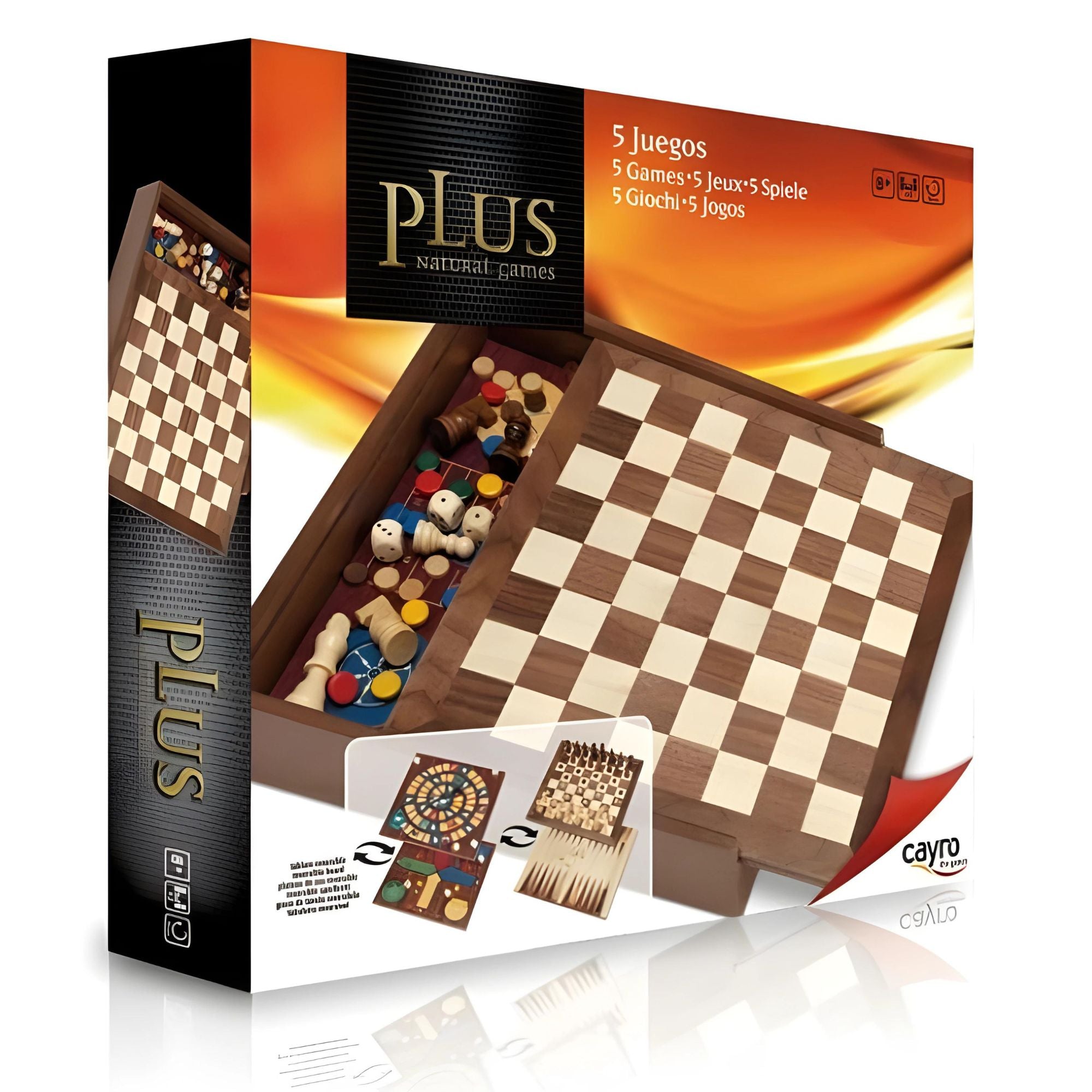 Cayro Set 5 Classic Wooden Games Plus 1615 - Chess, Checkers, Backgammon, includes 32 pieces, suitable for 2-6 players, designed for family entertainment, educational fun, high-quality materials, ideal for game night.
