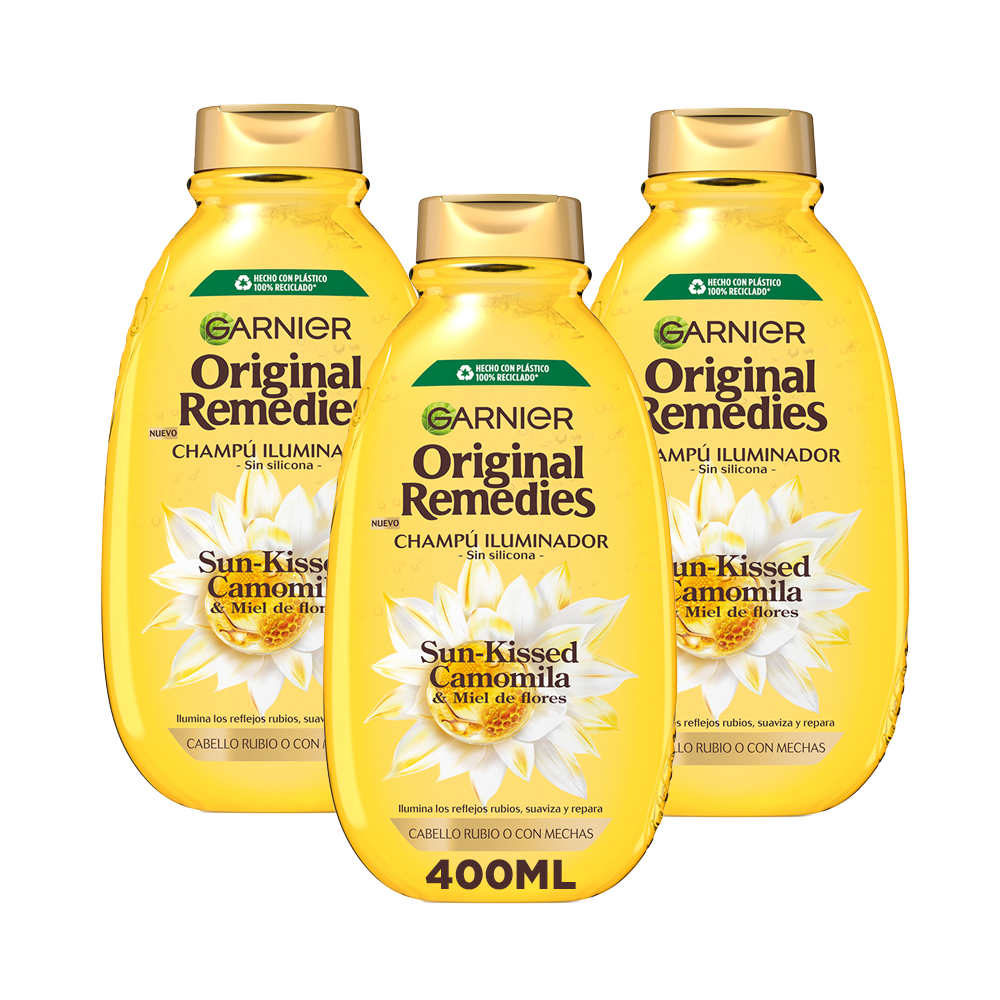 Garnier | Original Remedies Sun-Kissed Camomila Blonde Remedy, Máscarilla, Champú, sérum o acondicionador. Rutina Reparadora Iluminadora, para pelo rubio o con mechas