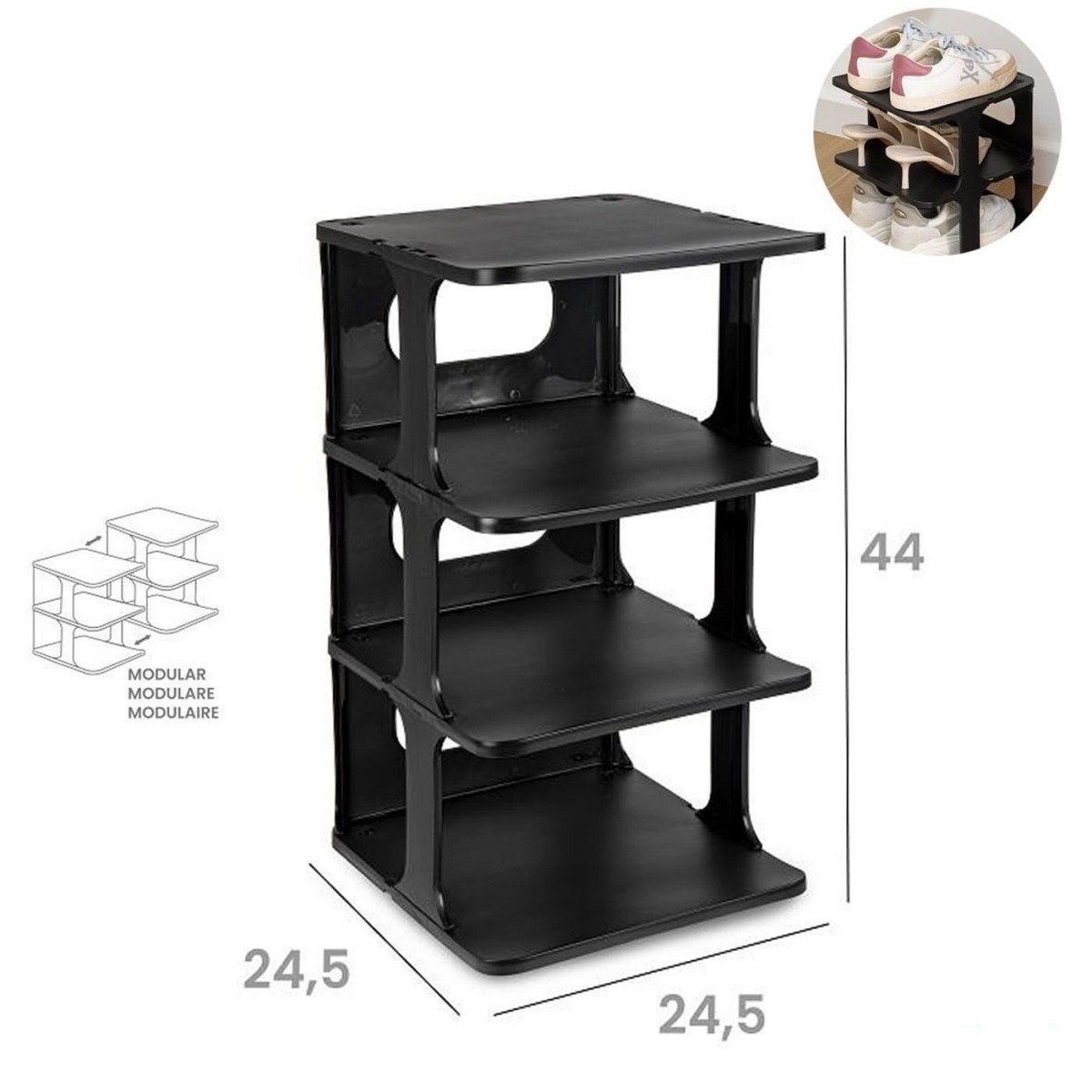 ZYLX SHOPPING – Zapatero Apilable Negro | Organizador Modular de 3 y 4 Baldas | Ahorra Espacio para Hogar y Vestidor