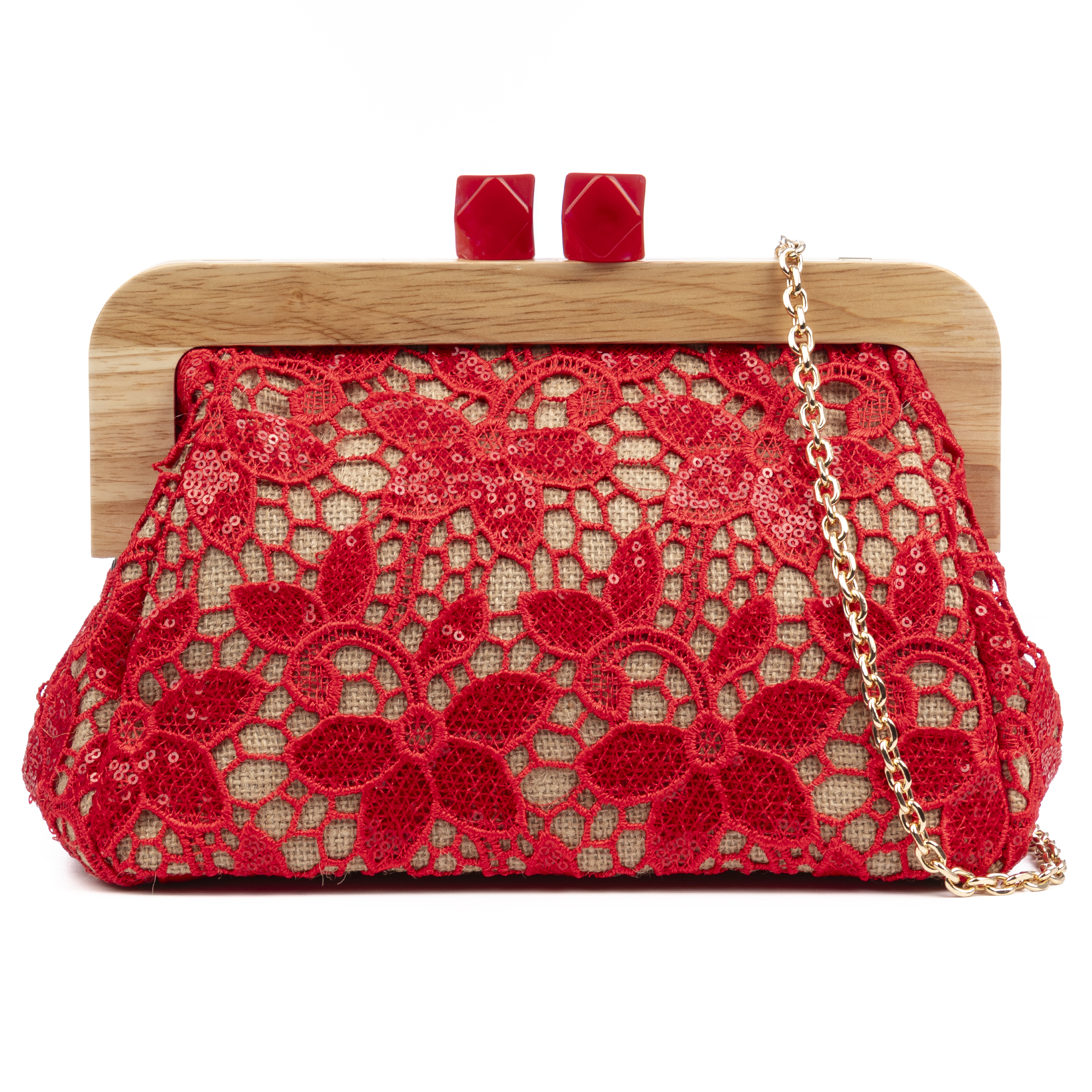 IRIA QUINTANA Borbera Bolso bandolera Mujer. Fabricado en madera natural, algodón y yute con diseño malla de tejido floral. 28x13,5x18 Cm.