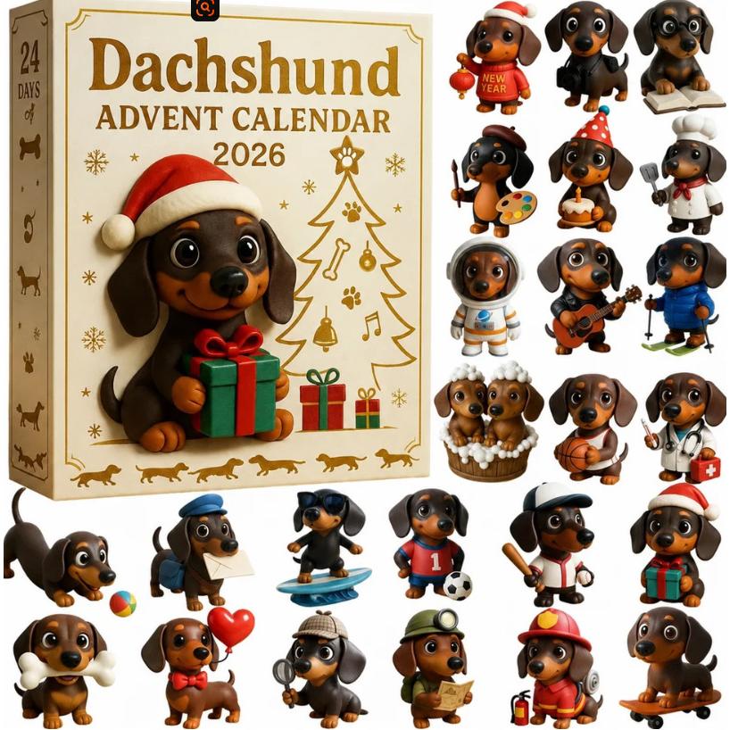 Calendario de Adviento de perro salchicha 2026, juego coleccionable de Sorpresas coleccionables 3D de 24 días con figuras festivas de PVC de cachorro, regalo de decoración coleccionable con