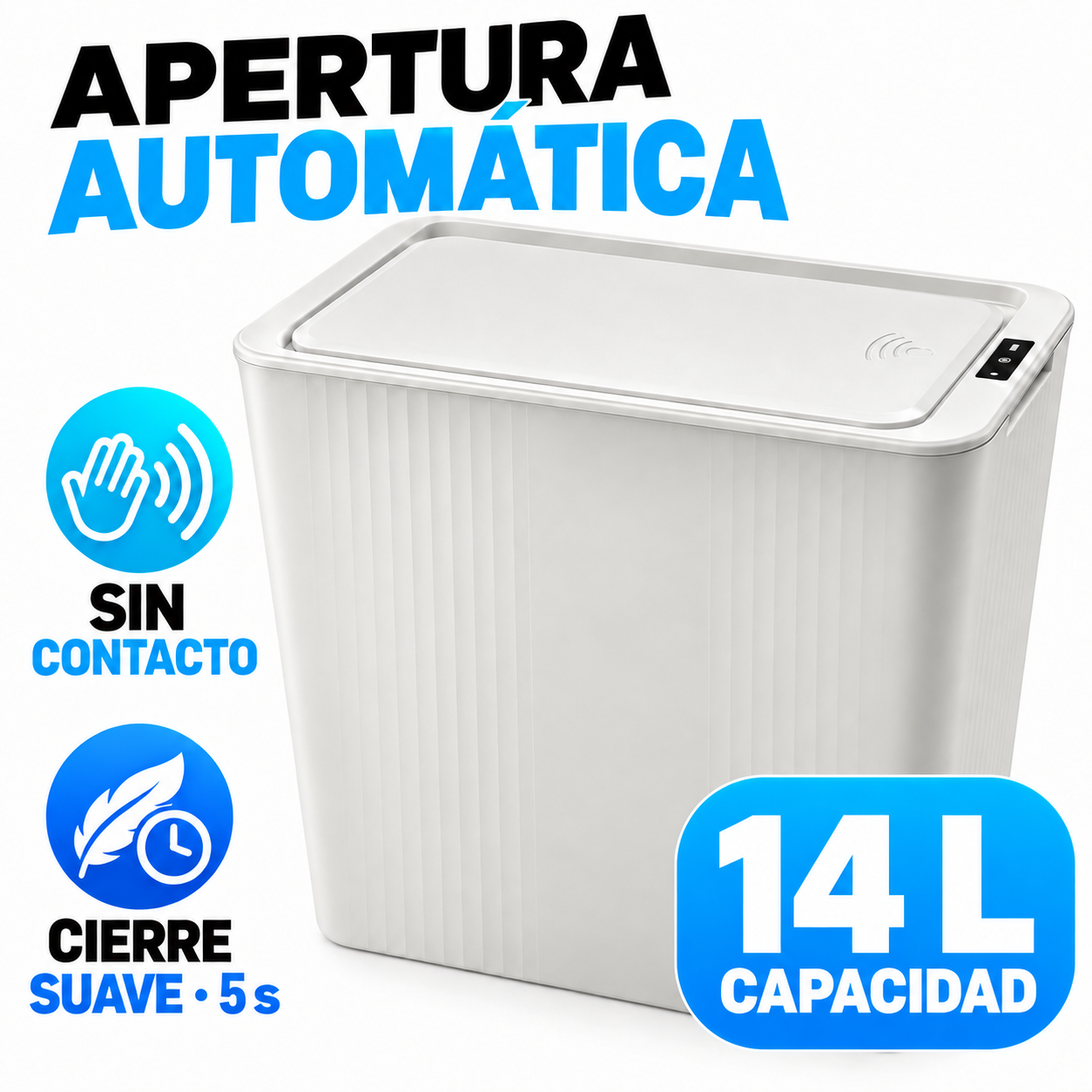 Papelera Automática Inteligente con Sensor de Movimiento, Cubo de Basura sin Contacto con Tapa de Cierre Suave y Botón Táctil, Blanco para Cocina, Baño y Oficina.14L