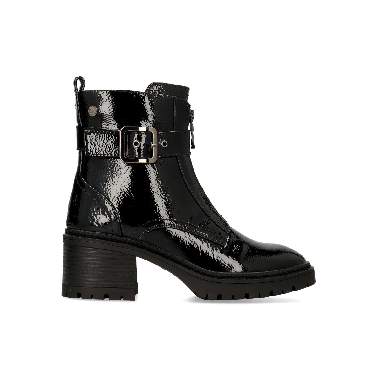 XTI - Botines charol tacón ancho veganos para mujer, cómodos con cierre de cremallera y tira con hebilla, ideal para invierno