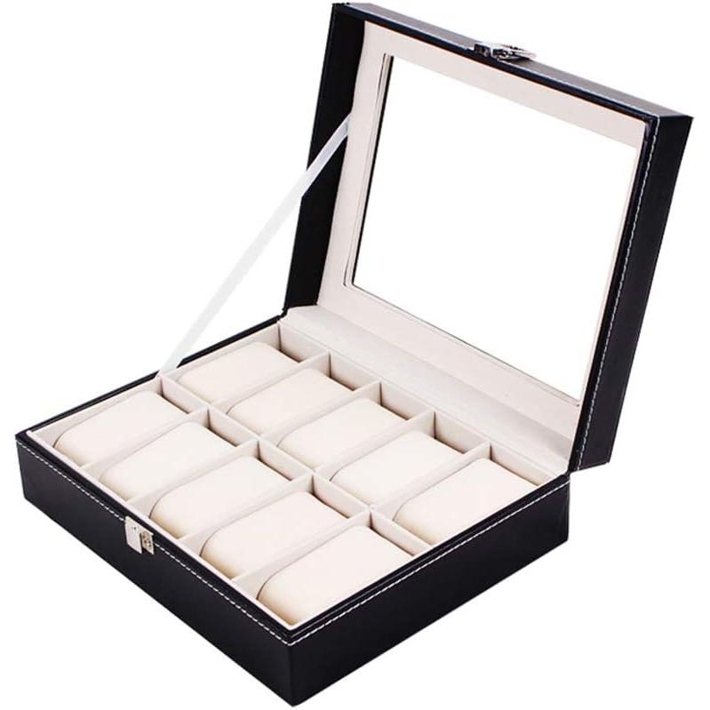 TK Caja organizadora de cuero negro para 10 relojes - Bandeja de almacenamiento y exhibición para hombres y mujeres