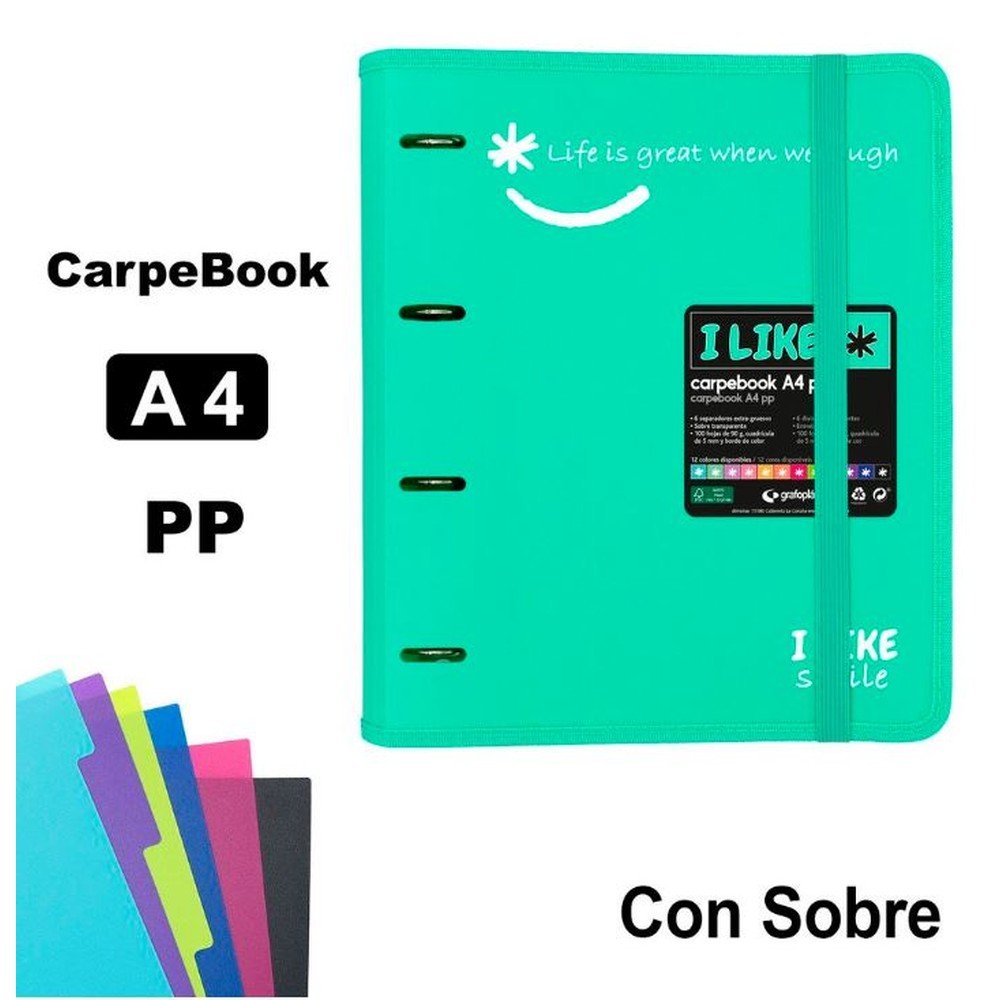 GRAFOPLAS CARPEBOOK 4 ANILLAS 35 MM PP A4 LIKE2 VERDE MINT LIKE2 4x28x32 Cms.