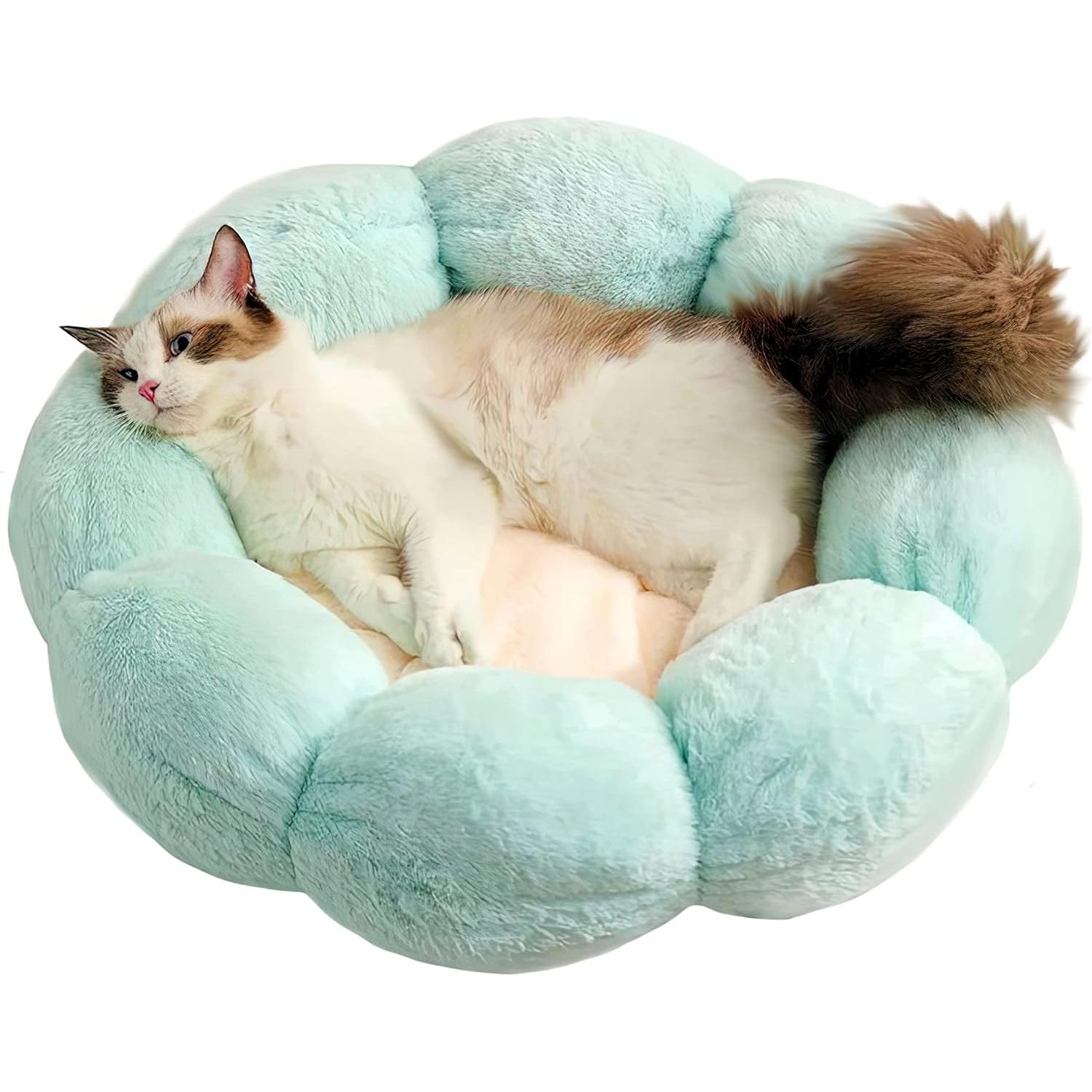 Cama Gatos Invierno - 50CM Cámaras Redonda Antiésters Doughnut Camita Perros Pequeños y Median Cuna Nido Perro Pequeño Tejido Sweatshirt Suave Confortable lavable Cojin Cloud fur Flor Azul y Blanca