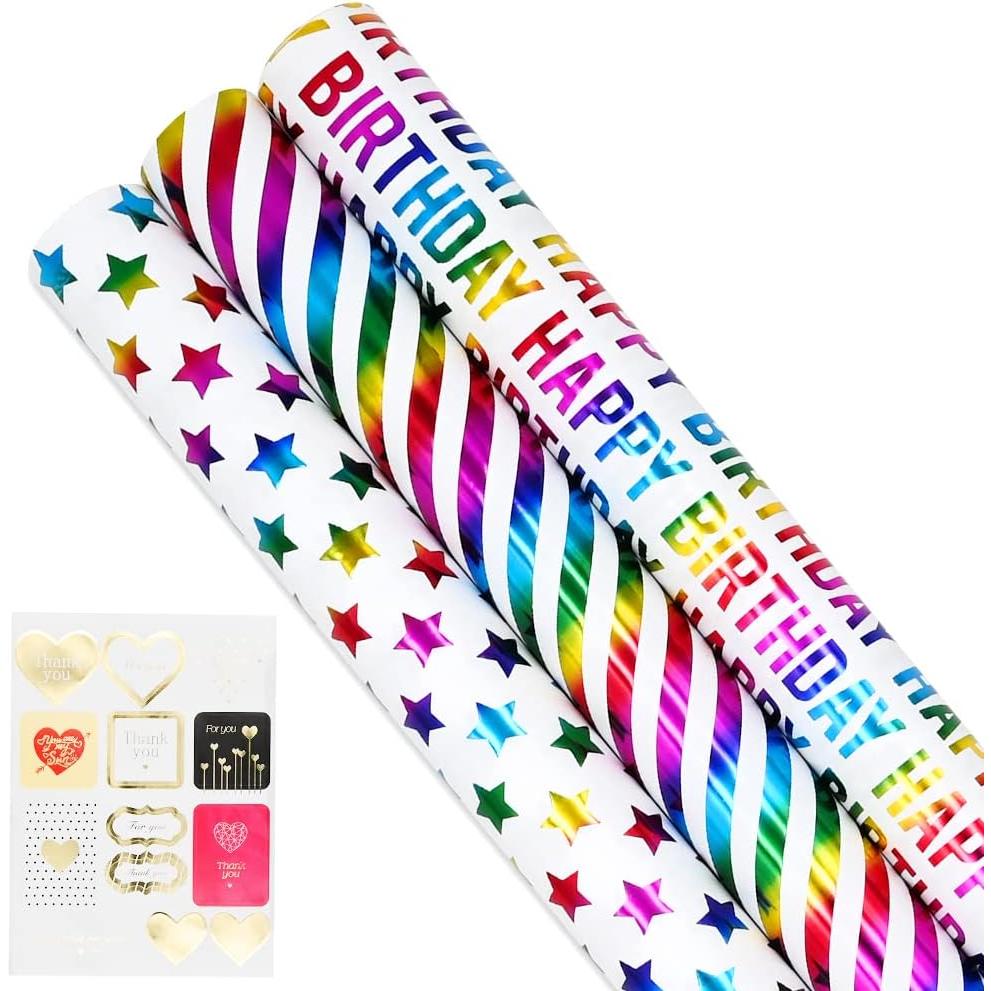 Rollo de papel de Rego, Tira brilliantly de lunares de Feliz Cumpleaños, 3 Diseños de papel de Rego Con pegatinas, 17 pulgadas x 10 pies para envolver regalos de cumpleaños