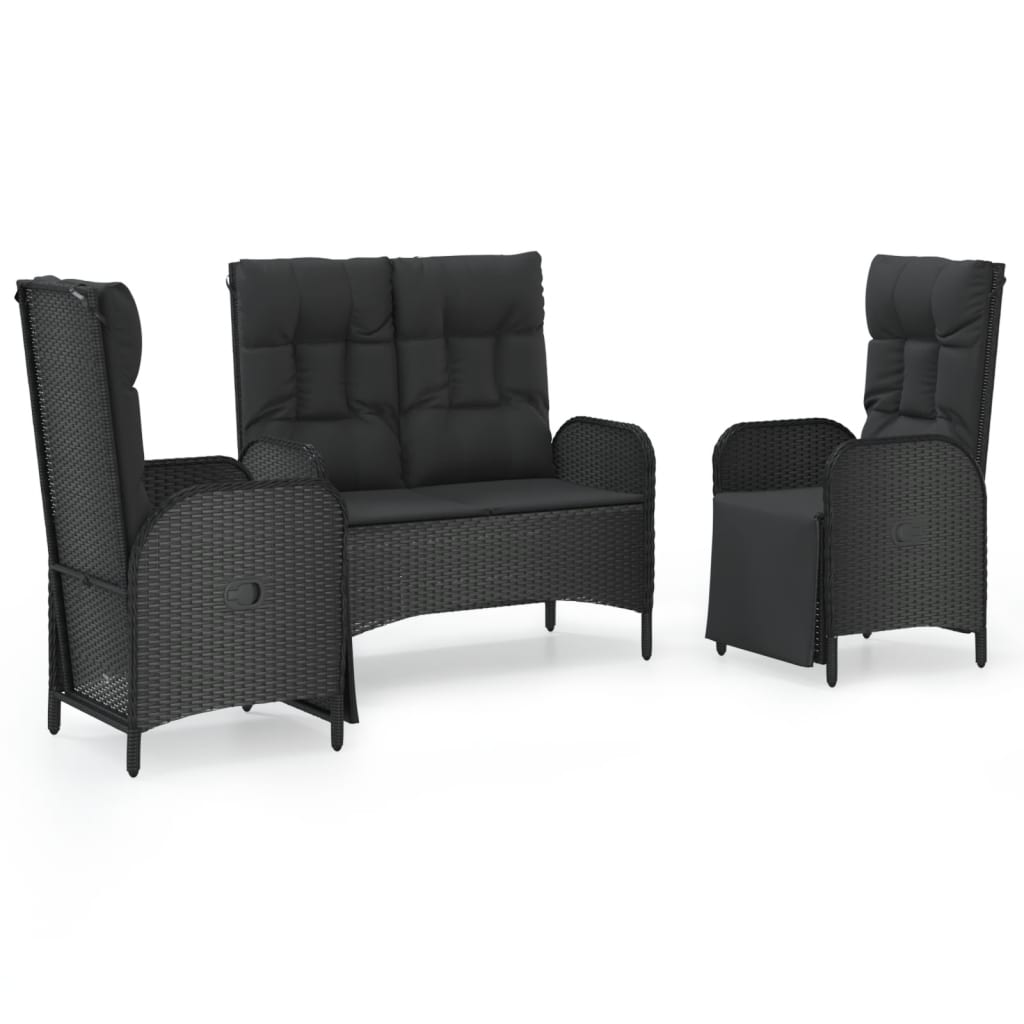 vidaXL Set comedor de jardín 3 pzas con cojines ratán sintético negro