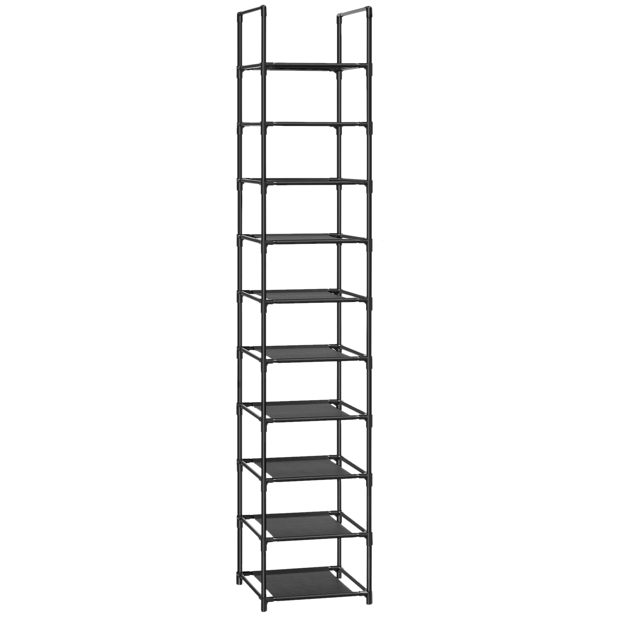 SONGMICS Zapatero, Organizador Zapatos,10 Baldas, Zapatero Abierto Estrecho, 33 x 33 x 173 cm, Marco de Metal, Estantes de Tela no Tejida, para Pasillo, Dormitorio, Negro/Gris