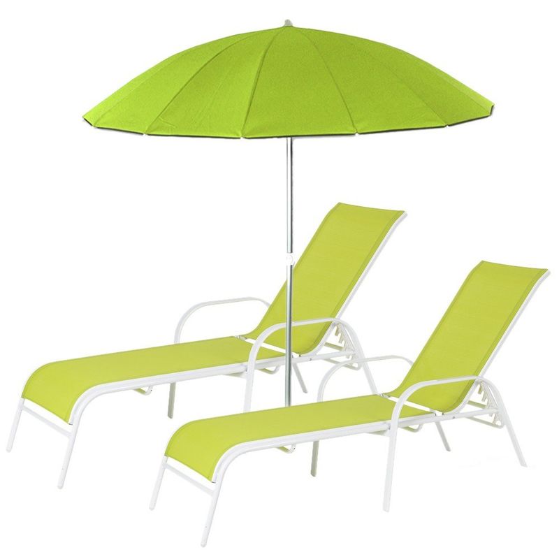 Mobiliario de Jardín Gerimport - Conjunto de Terraza con 2 Tumbonas y Sombrilla Verde - Diseño Moderno y Funcional
