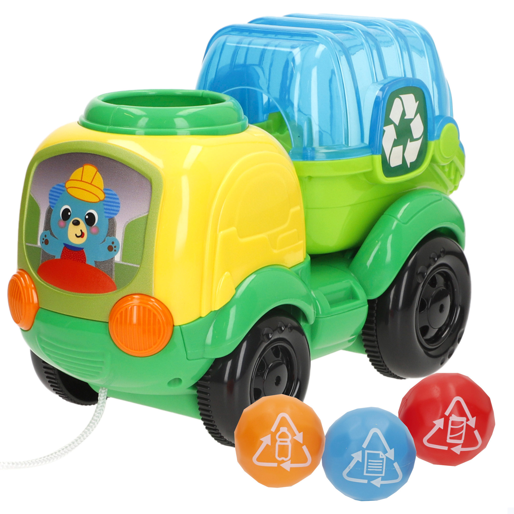 Winfun - Camión reciclaje de arrastre, melodías y sonidos, frases en español, 3 bolas de colores, Control volumen, aprender a reciclar, educativo, juguetes bebé, a partir de 12 meses