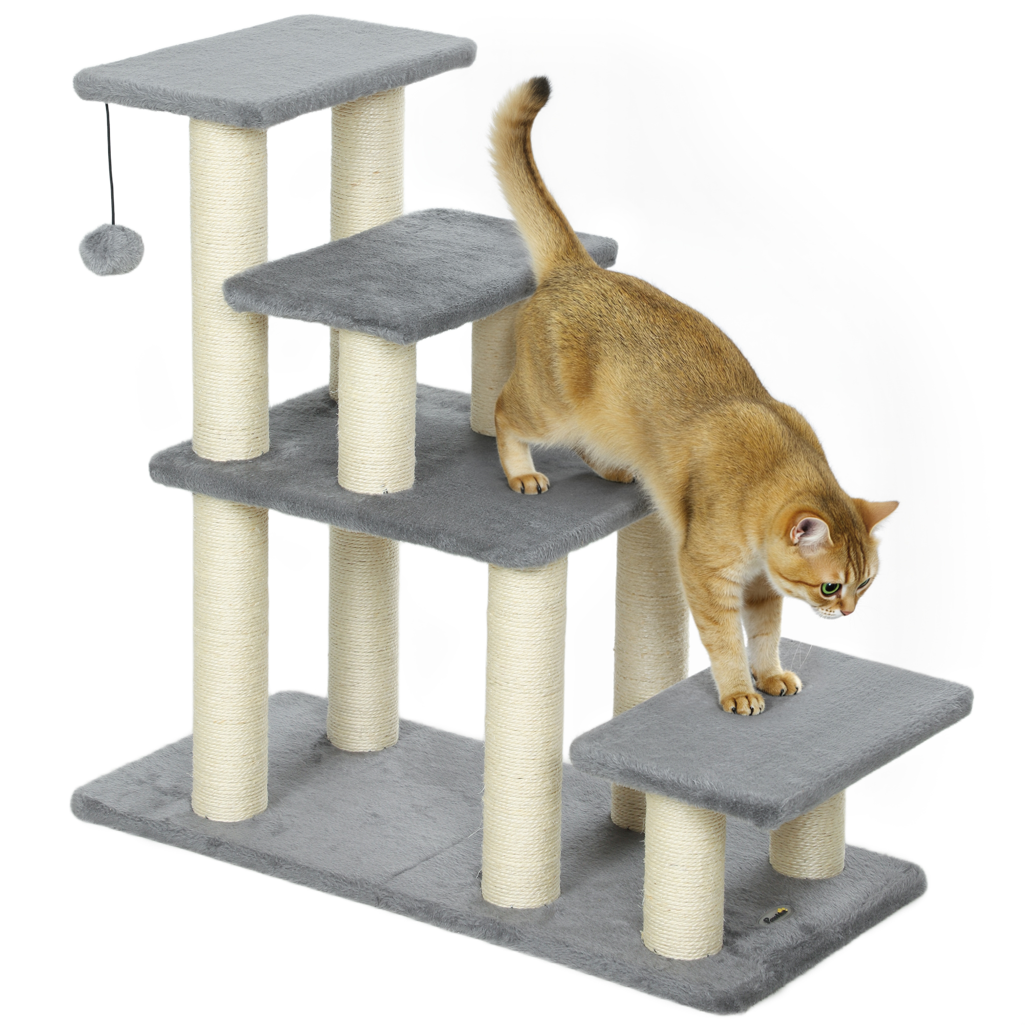 PawHut Escalera para Mascotas Ajustable de 3/4 Peldaños, Escalera para Gatos con Postes Rascadores, Bola Colgante, para Cama, Sofá, Alféizares, Gris