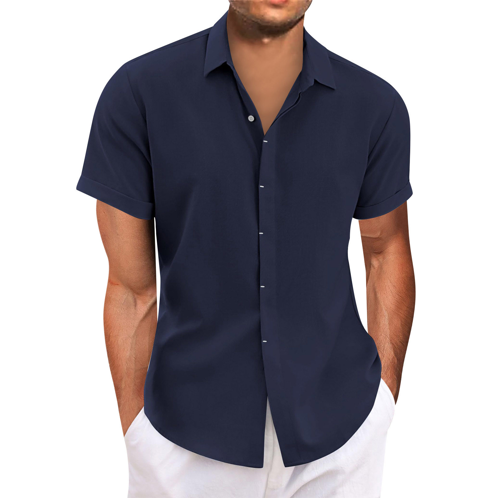 TK Camisa Casual Para Hombre De Color Sólido Corta De Manga Cierre De Botones Lino Suéter Suéter Basic Top Verano T-Shirt