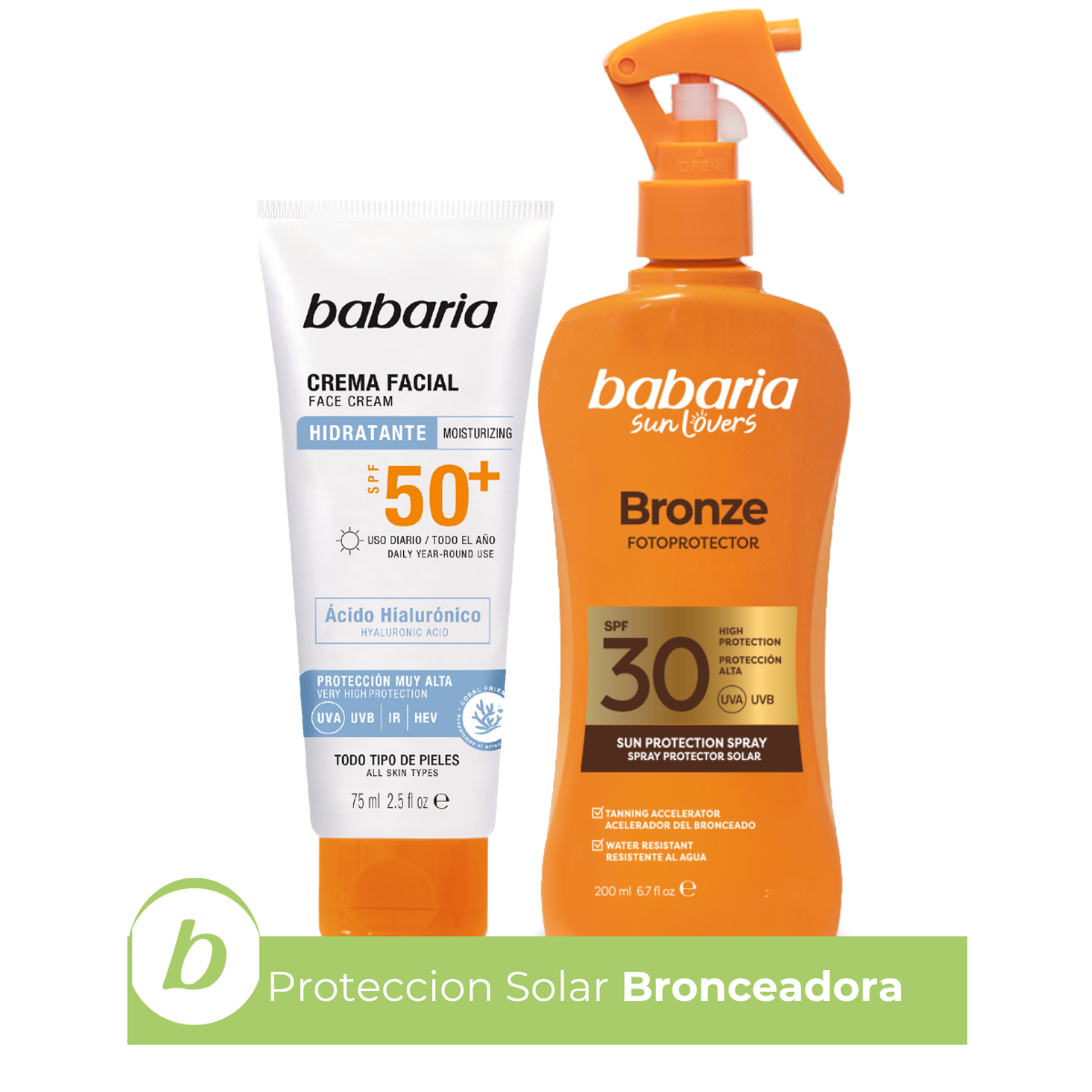 Babaria - Protector Solar Facial 50 Hidratante + Protector Solar 30 Cuerpo en Spray | Hidratación y Protección Corporal Con Exoxomas|Coral Friendly Y Biodegradable | Resistente al Agua| Vegano | 75 ml