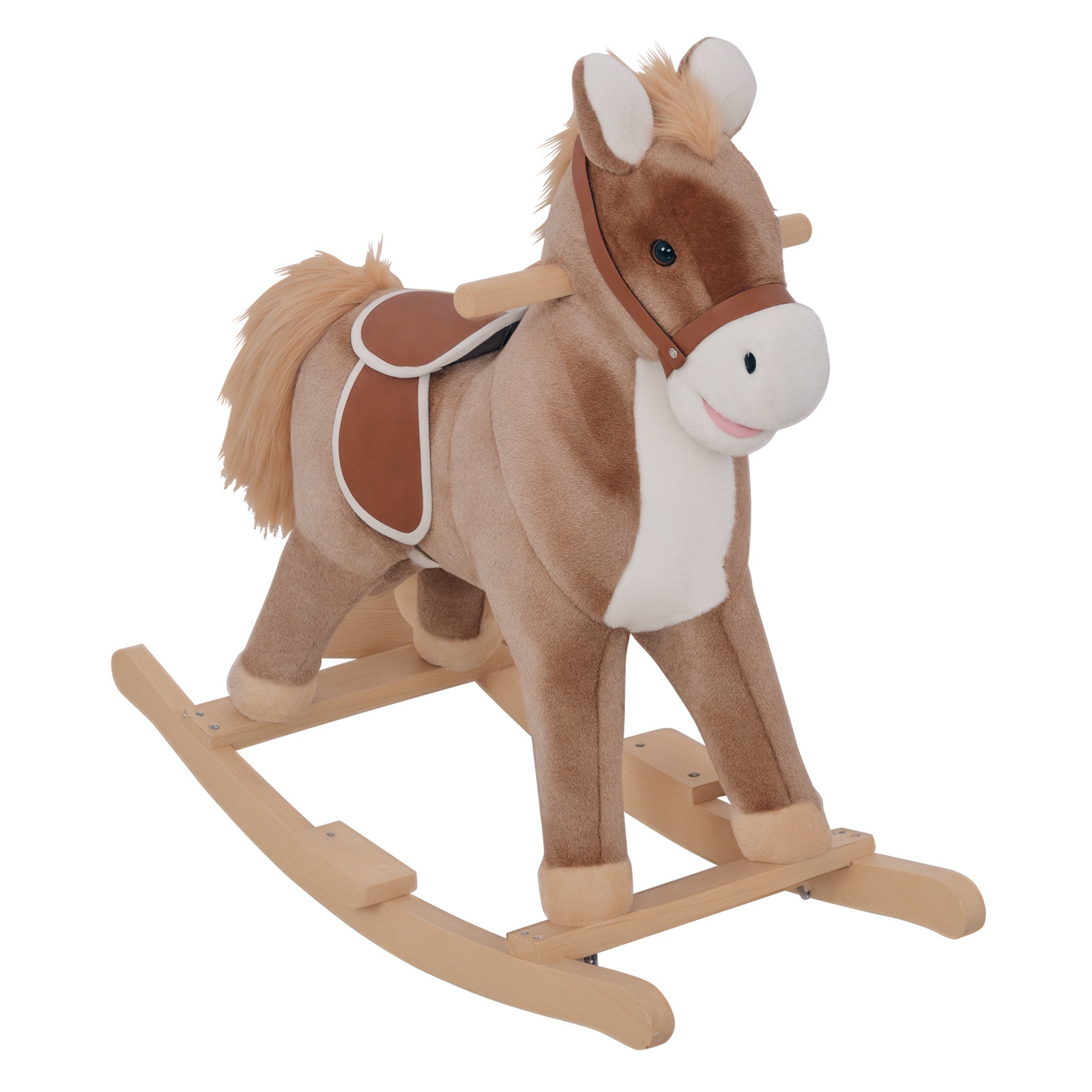 HOMCOM Caballito Balancín de Peluche Balancín Caballo Caballito Madera Juguete de Mecedora para Niños +3 Años 74x33x62cm