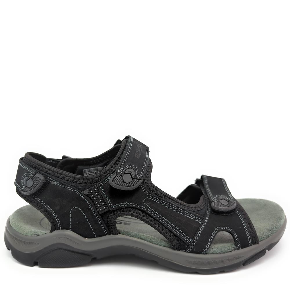 Cómoda  Cómoda sandalia hombre 74R5041001 de ROMIKA, en suave nubuck negro con ajuste de velcro. Plantilla acolchada. Piso ligero antideslizante. Altura Tacón bajo (1-3 cm) Referencia 74R5041001