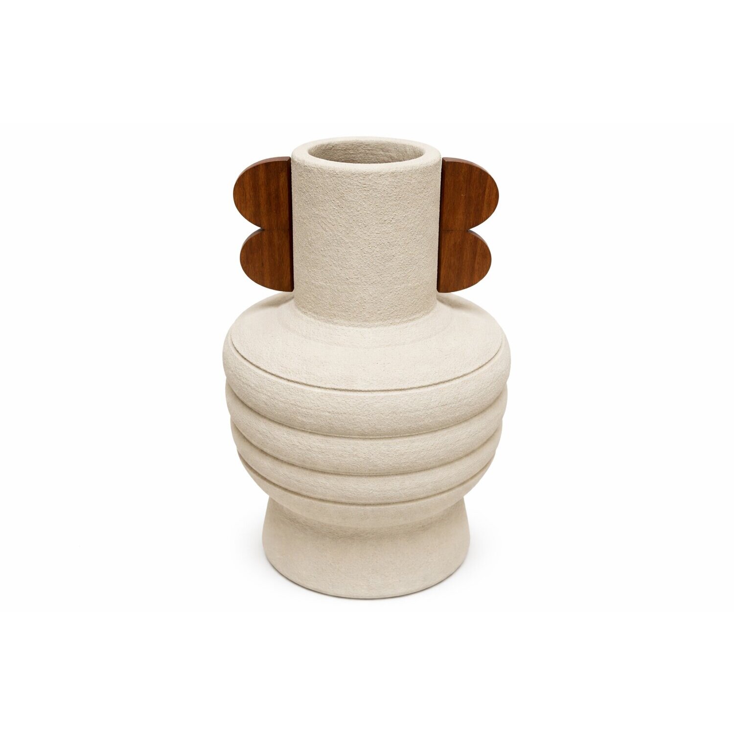Jarrón decorativo, de terracota madera de mango, asas, en color crudo marron, medidas 28x28x33 cm Fijalo