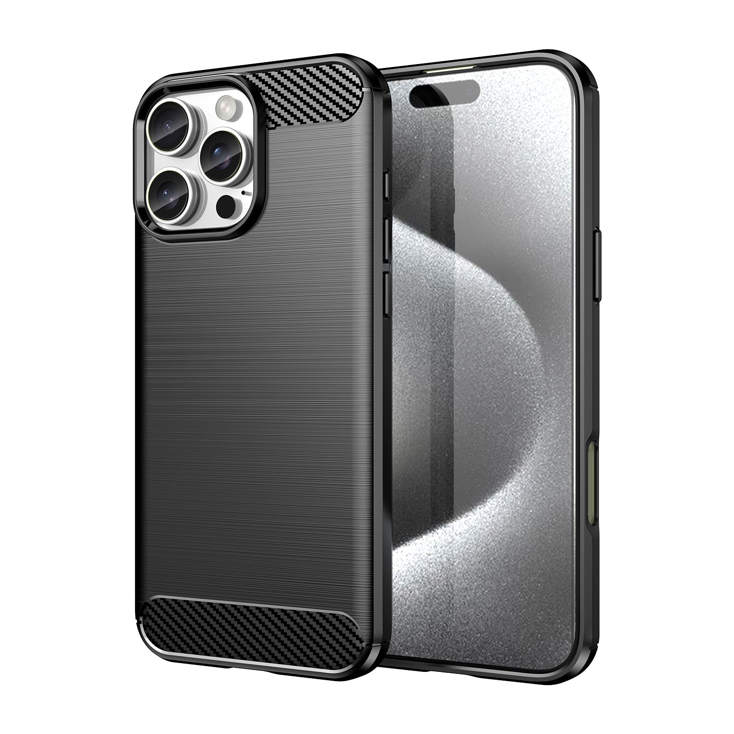 Funda para móvil iPhone 16 Pro Max Carcasa Protectora Antigolpes Silicona Negra Diseño Fibra de Carbono Resistente Absorción de Choque [Compatible Carga Inalámbrica]