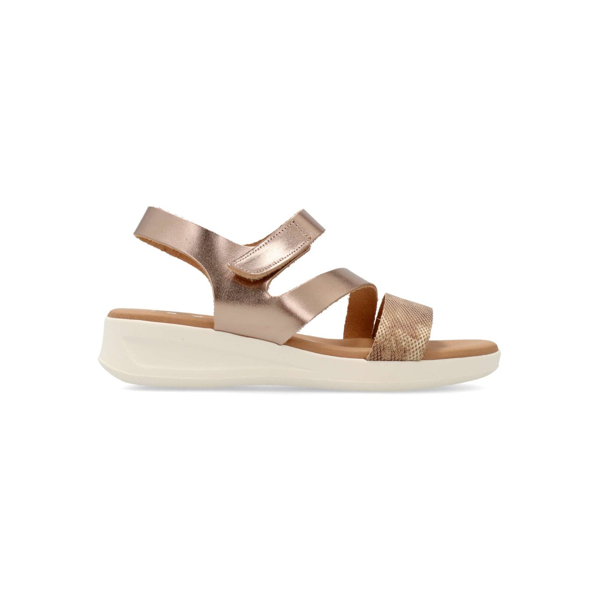 Vanessa Calzados - Sandalias casuales para mujer modelo VANESSA en piel genuina con tiras metalizadas, cierre de velcro y plantilla acolchada transpirable color bronce