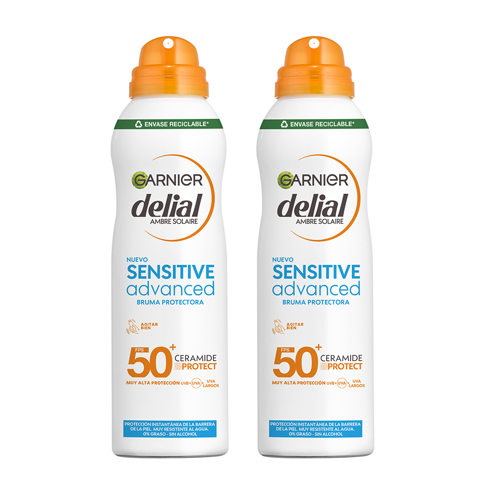 GARNIER | Delial Sensitive Advanced Bruma Protectora Solar para pieles claras, sensibles e intolerantes al sol IP50+. Muy resistente al agua, 0% pegajoso, 0% graso  - 2x150 ml