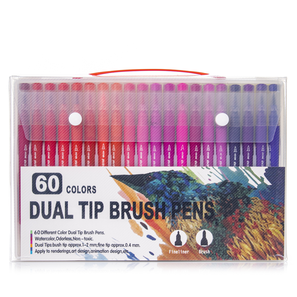 DAM. Set 60 Rotuladores color doble punta, punta fina 0,4 mms y punta pincel acuarelable profesional. Forma triángular ergonómica para lettering, caligrafía, ilustraciones… 25,5x4x17 cm.