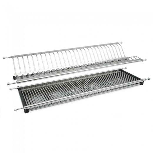 Escurreplatos y escurrevasos integrado para módulos de 45 cm. En acero inoxidable AISI 304, 415 mm, para módulo de cocina de 450 mm, con bandeja recogegotas y varillas ajustables