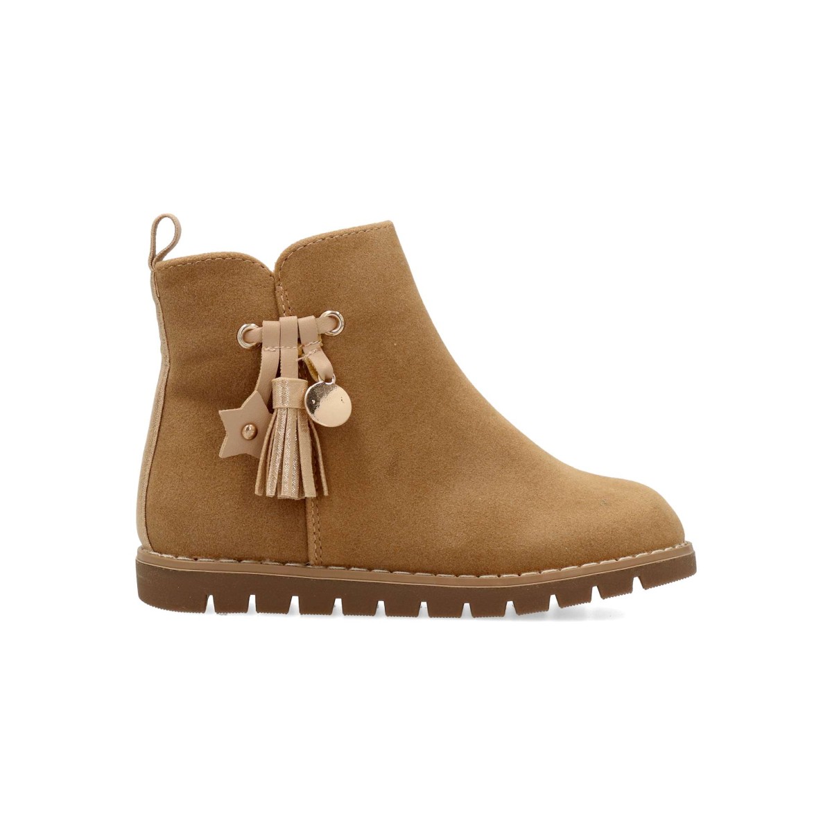 Peke's by Vanessa - Botín bajo para niña con borla lateral, de piel sintética y suela de goma, diseño elegante y versátil en taupe