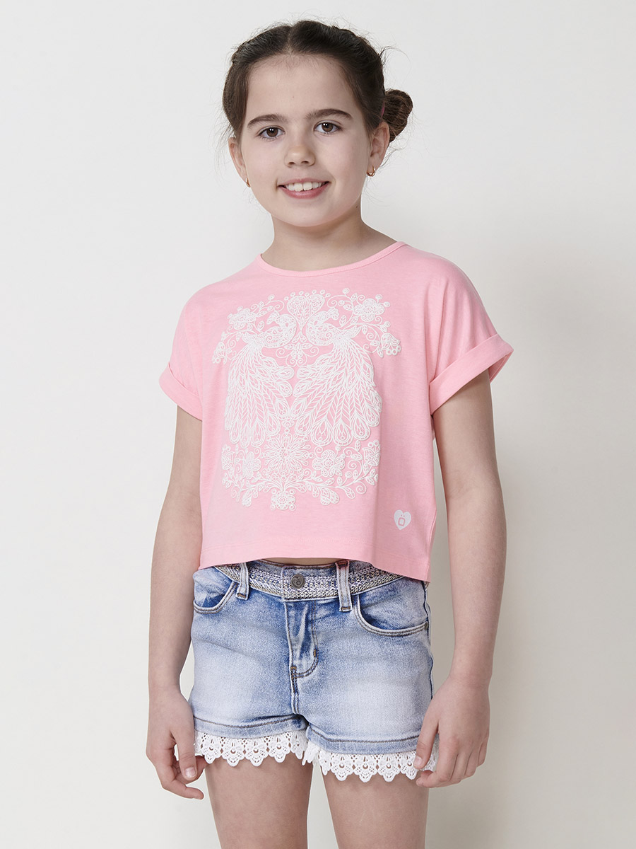 Koroshi - Top niña manga corta con estampado en relieve ornamental, 95% algodón y 5% elastano, color rosa para verano