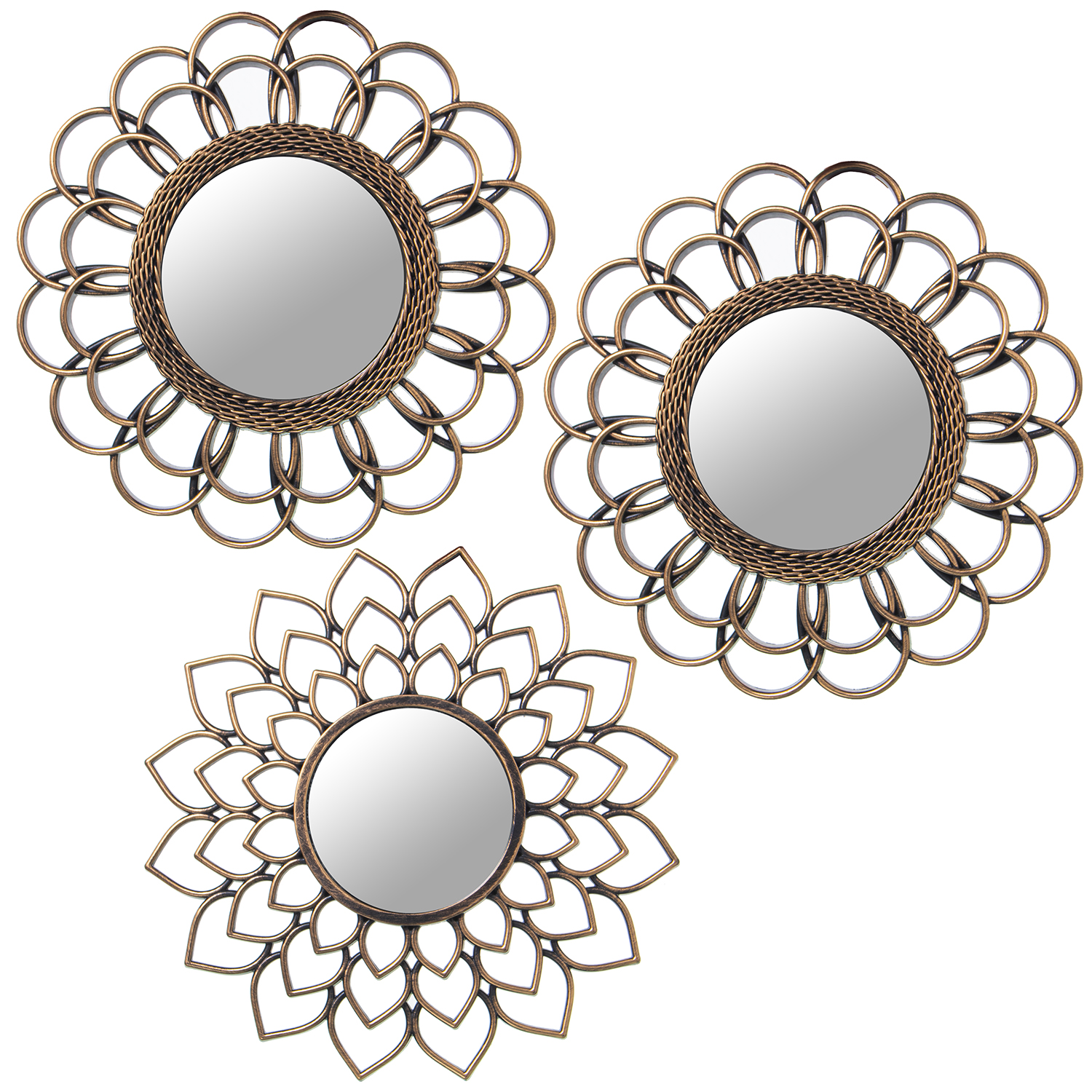 Set 3 adornos pared melamina dorada con espejo 25cm