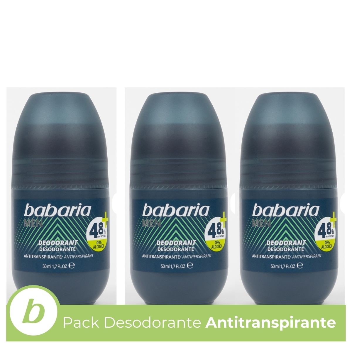 Babaria - Desodorante Hombre Pack de 3 | Sin Aluminio | Protección de 48 Horas | Antitraspirante | Con Aloe Vera | Vegano