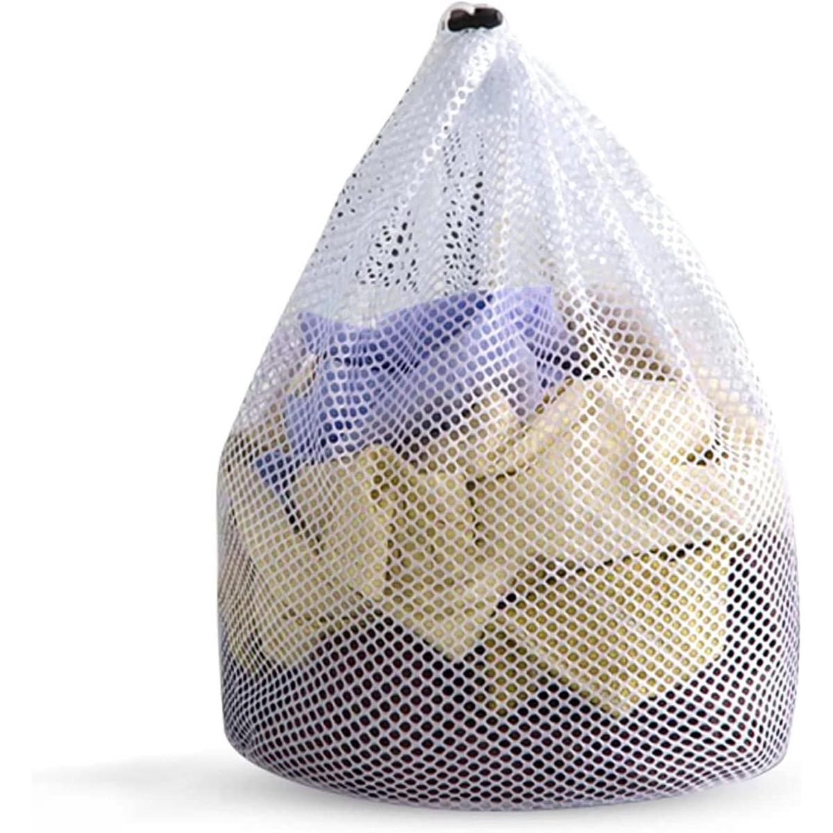 Bolsa de lavandería con cordón ajustable - Lavable a máquina - Reutilizable - Bolsa de malla gruesa para ropa sucia, sábanas, ropa interior, ropa de bebé y calcetines - Blanca - 50 x 60 cm