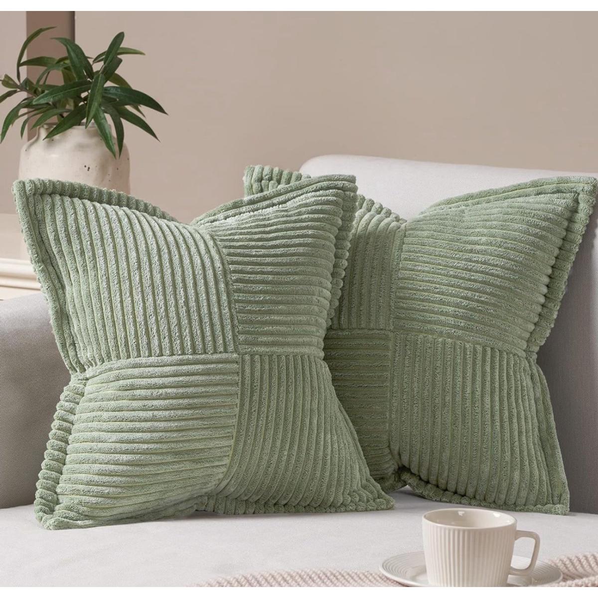 Set van twee ultrazachte corduroy kussenslopen, 45 x 45 cm, gestreepte decoratieve bankkussenhoezen, geschikt voor woonkamers, kantoren, slaapkamers, enz., woondecoratie, Groen.