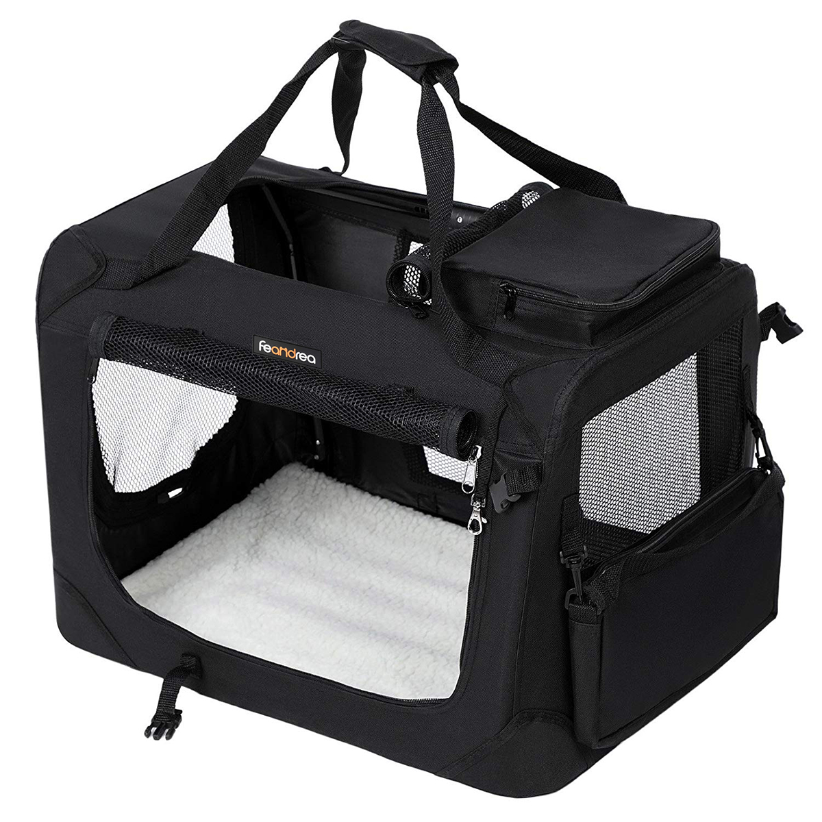 FEANDREA Transportín para Gatos y Perros, Plegable, Tamaño M, Tela Oxford, Malla Transpirable, Portátil, Marco Metálico, con Asas y Bolsillos, 60 x 42 x 42 cm, Gris/Negro/Azul Oscuro