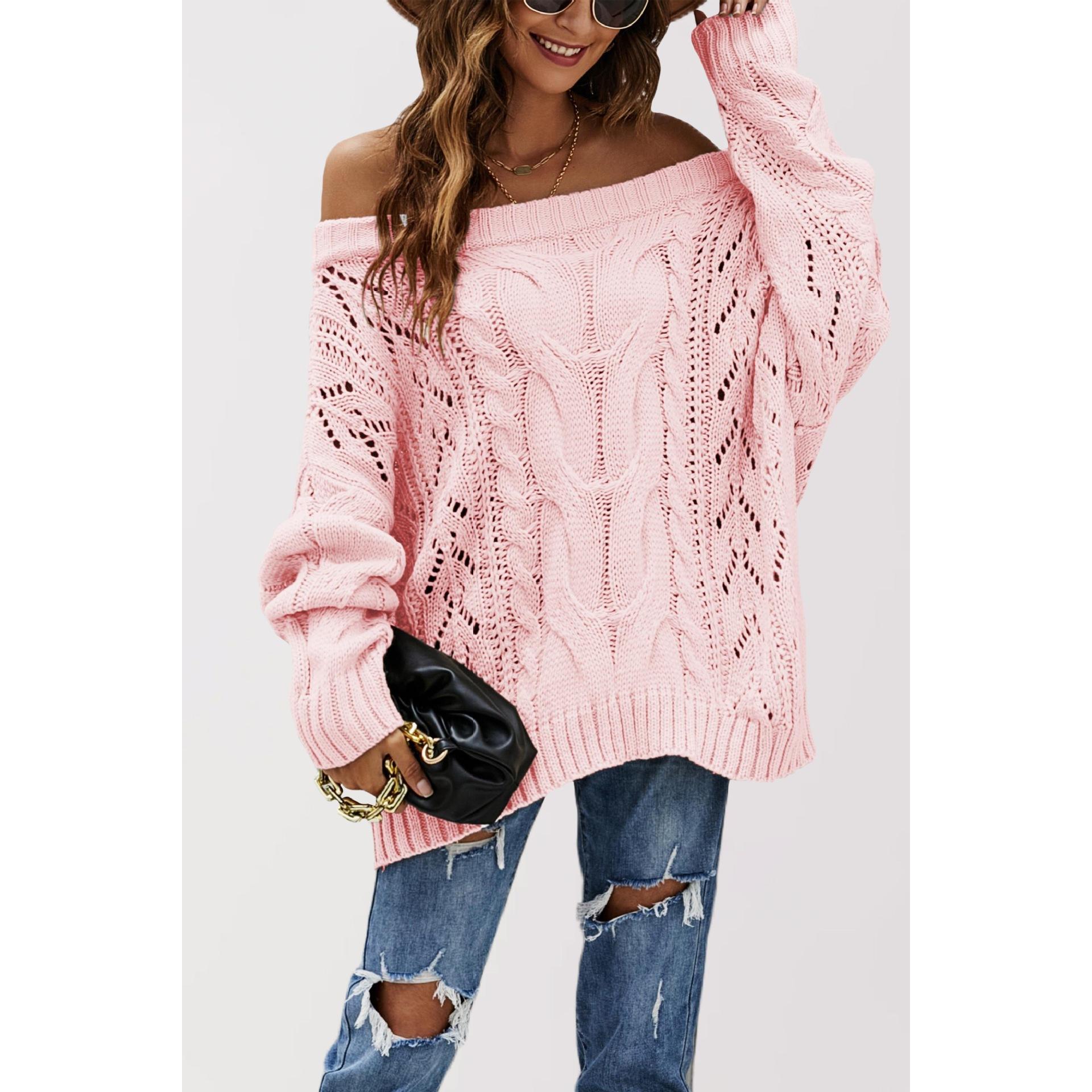 TK Suéter de punto holgado con hombros descubiertos para mujer, talla grande, color liso, para otoño e invierno