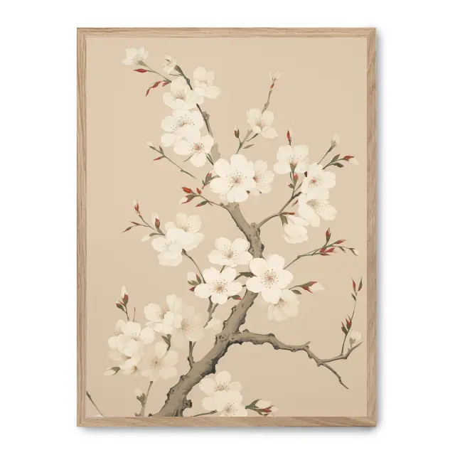 Cuadro white cherry blossoms 30x40cm, Póster impreso en papel de primera calidad de 180gr, montado sobre marco de madera MDF acabado roble., Arte - Japonés