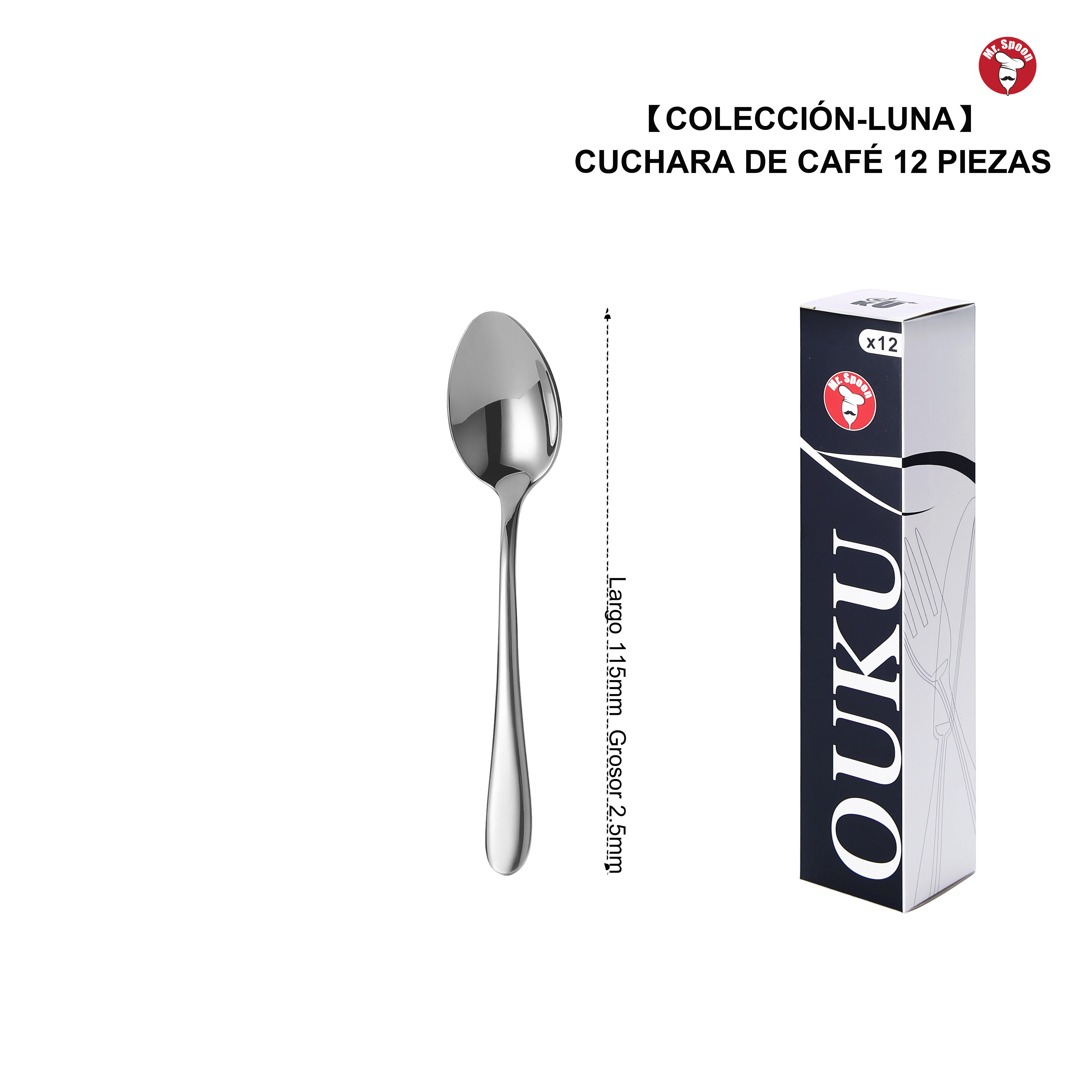 Mr.Spoon Serie Luna Cucharas 12, 48 o 120 piezas,Acero inoxidable 18/10,Alta calidad y acabado,Cuchara sopera largo 206mm,cuchara postre186mm,cuchara té y café 138mm/115mm,Mango monobloque,Apto para lavavajillas,Caja ecológica,Para casa,hotel,restaurante