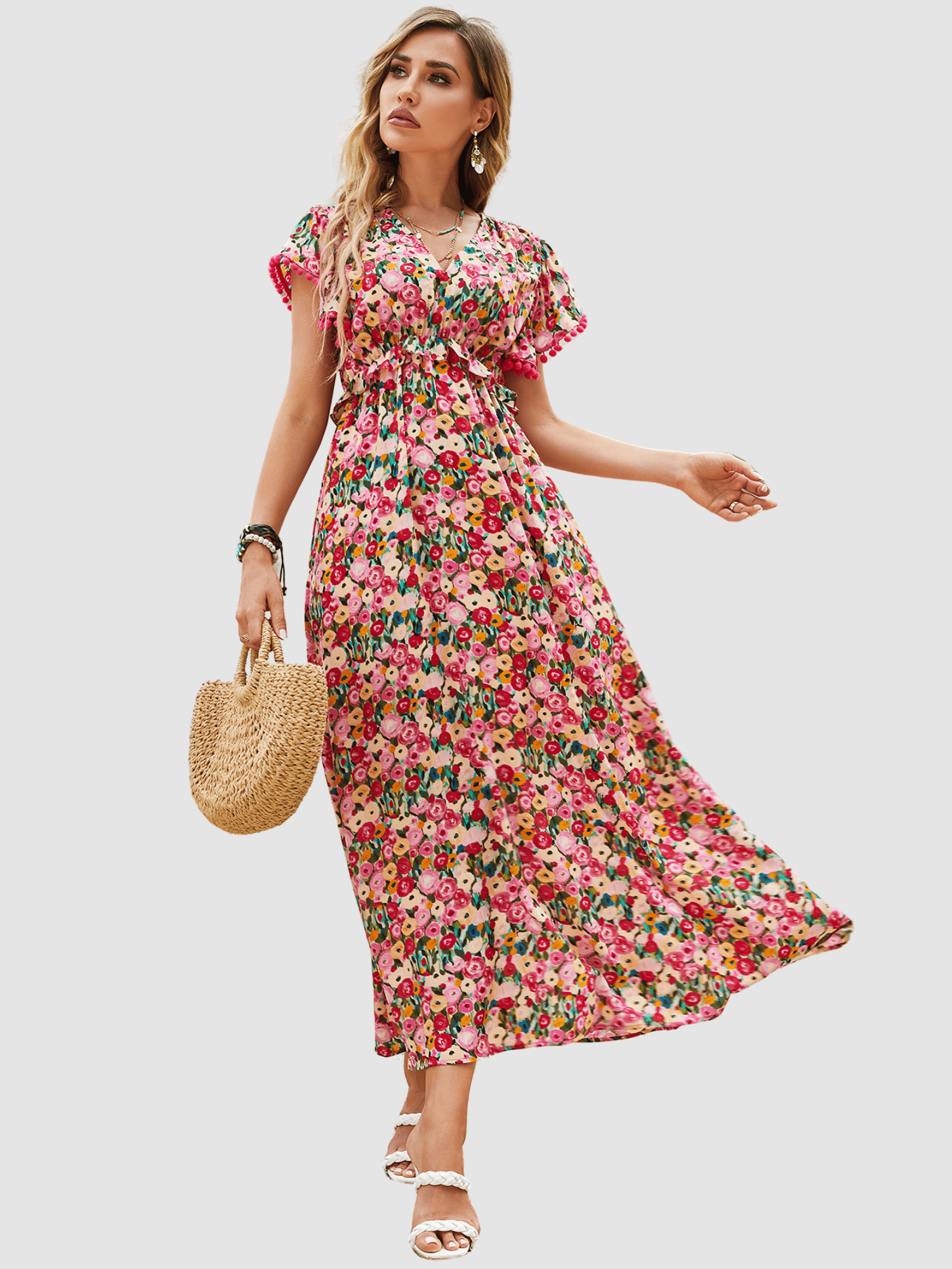 Vestido largo mujer, dress estampado floral, modelo fluido Anany AN-031042, tela ligera, corte holgado, manga corta volante, escote V, multicolor, talla 38, cómodo y fresco, ideal verano ✅Entrega 24/48h
