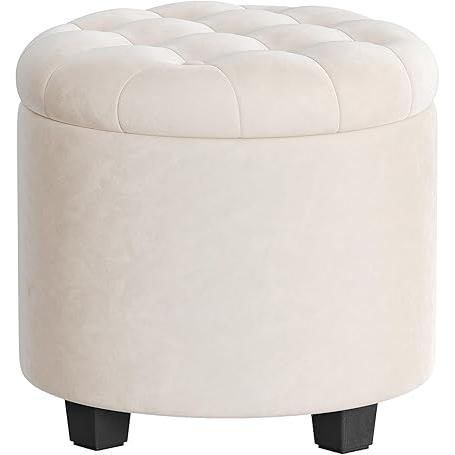 SONGMICS Puff Almacenahe, Banco de Almacenamiento, 45 x 45 x 44,5 cm, Reposapiés con Patas, Tejido con Aspecto de Lino, Carga hasta 150 kg, para Salón, Dormitorio, Gris Oscuro/Beige Claro/Blanco Crema