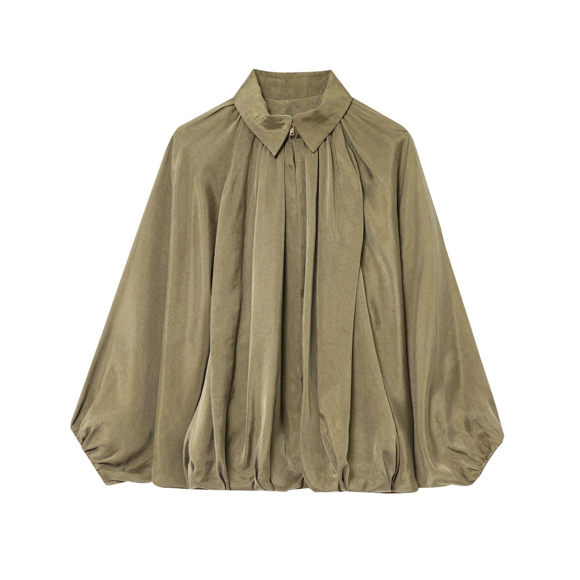 Chaqueta bomber informal de talla grande para mujer, mangas murciélago, solapa, cremallera frontal, camisa plisada, corte muy holgado