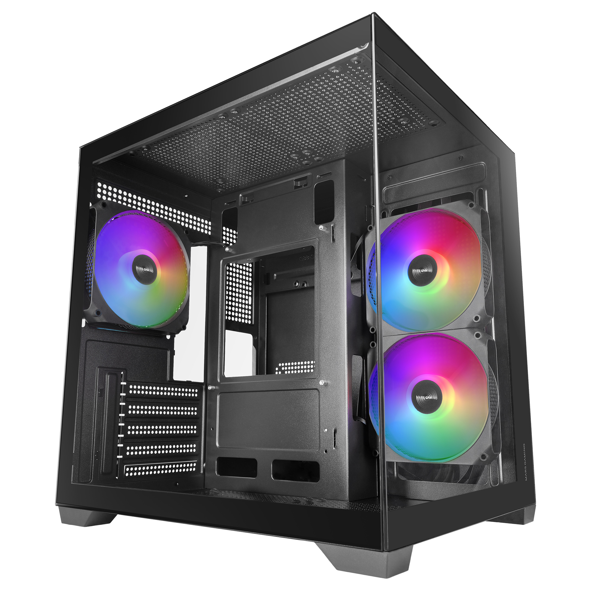 Mars Gaming MC-VIEW3, Caja PC MicroATX, Cristal Templado Panorámico, 3x Ventiladores ARGB 120mm, Doble Cámara, Soporte Refrigeraciones Líquidas hasta 240mm, Minitorre Compacta con USB-C, Negro o Blanco